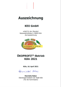 Urkunde Ökoprofit 2020 KEO GmbH